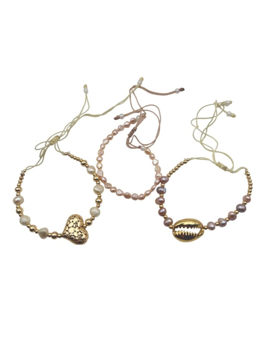 Set 3 Adjustable Bracelets Freshwater Pearls Gold Tone Pastel Pink Cowrie Heart - Picture 5 of 14